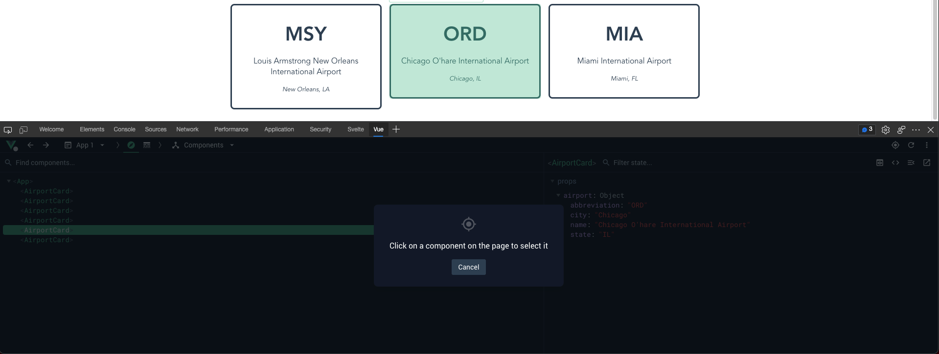 Vue.js Devtools open, with the "ORD" AirportCard component selected.
