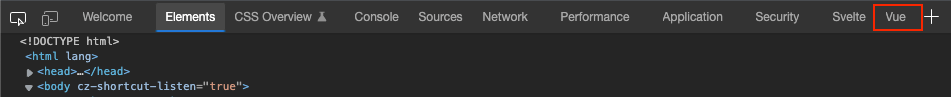 The Vue tab highlighted in the inspector window.