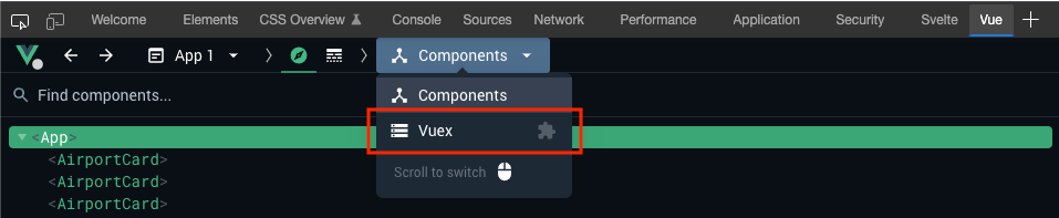 The Vuex dropdown in the Vue Devtools