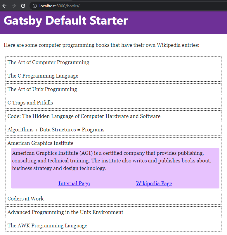 Screenshot showing the book listings page, using the template file in the tutorial. Each section can be expanded to show the excerpt and links or collapsed to show just the title.