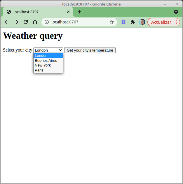 A page showing a city dropdown