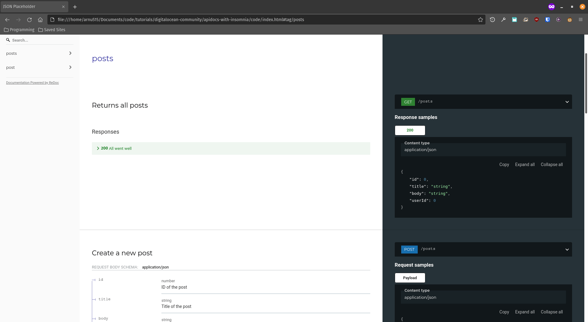 Screenshot of the Redoc documentation displayed in a browser.