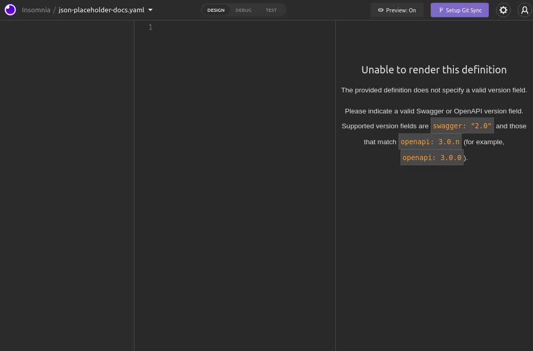 Screenshot of Insomnia showing three panes. The first two panes are blank. The third pane on the right shows an error: "Unable to render this defintion".