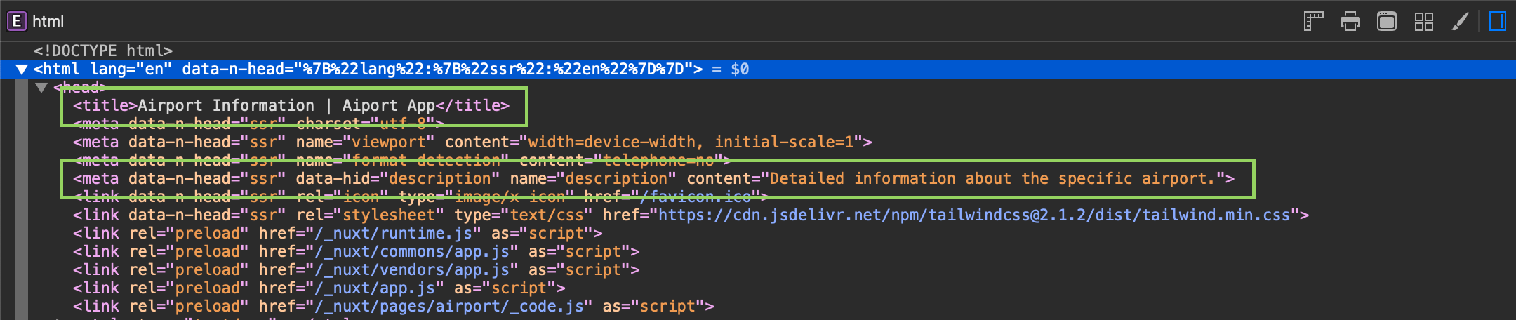 The rendered DOM with <head> element information