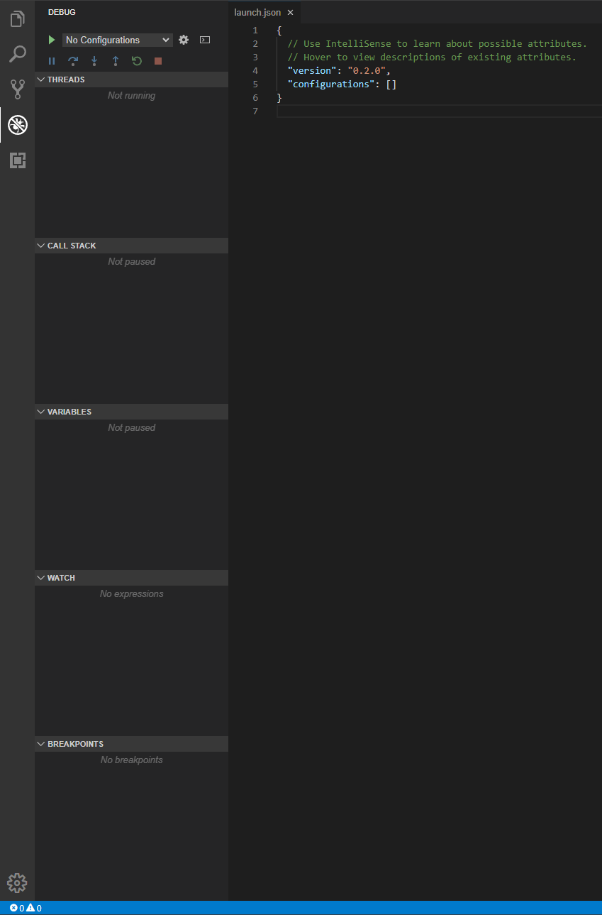 Debugger View with launch.json open