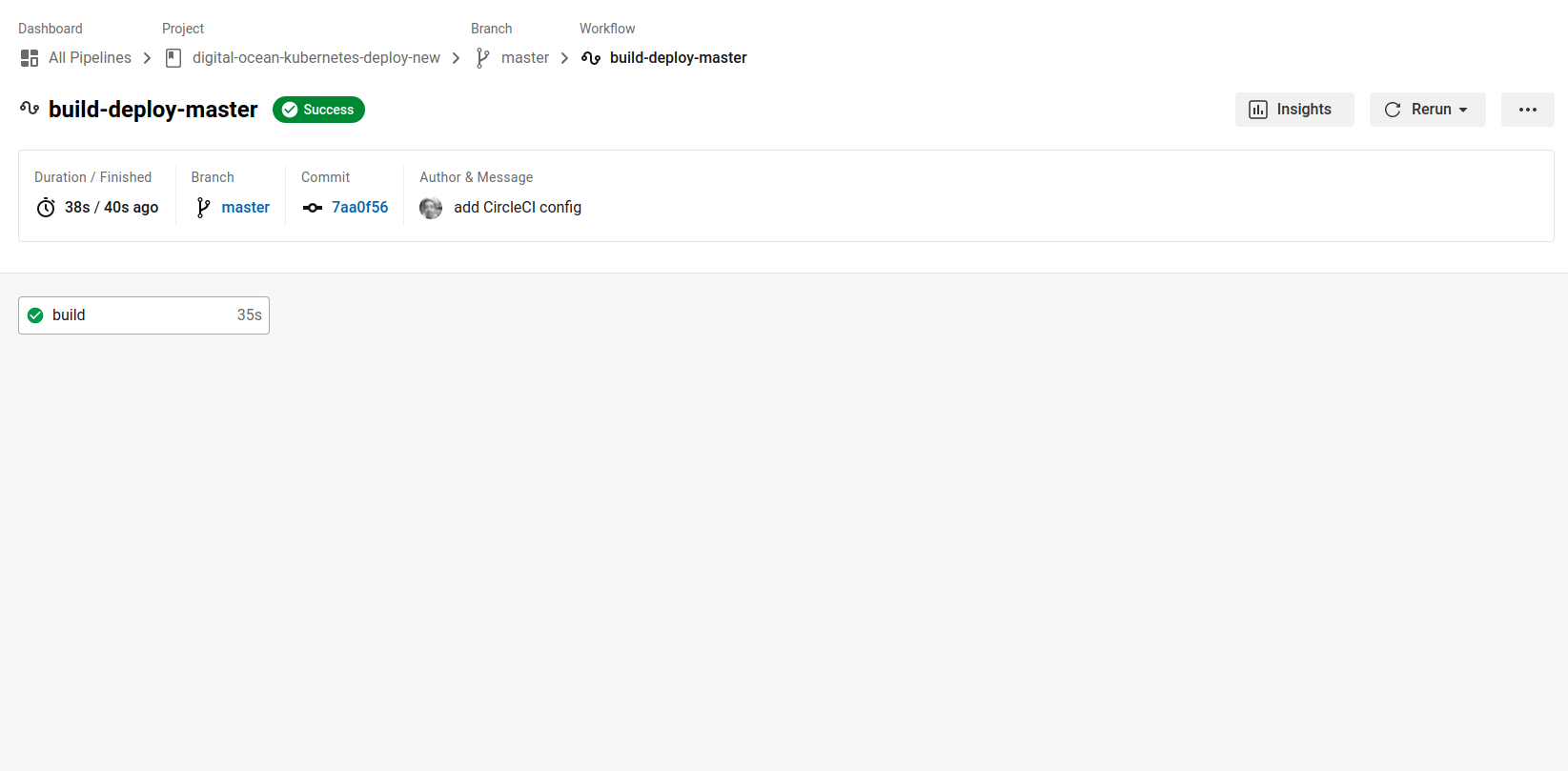 CircleCI build page with success build info