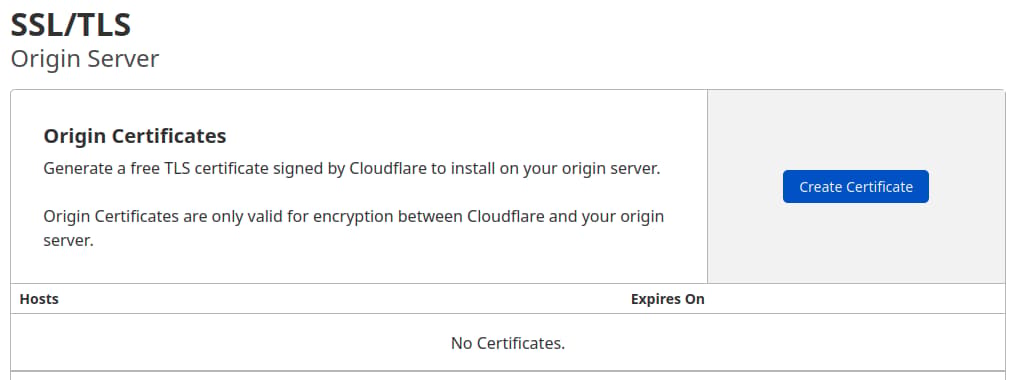 Create certificate option in the Cloudflare dashboard