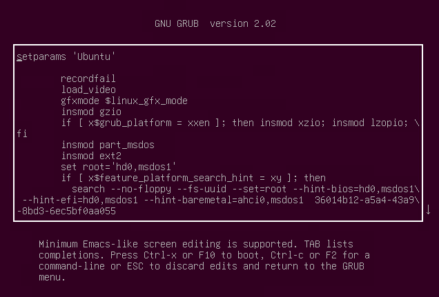 The GRUB configuration file in edit mode