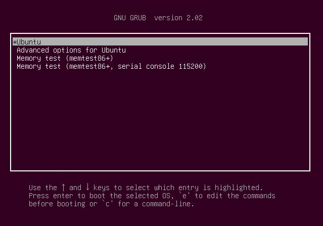 The default GRUB menu in Ubuntu 18.04
