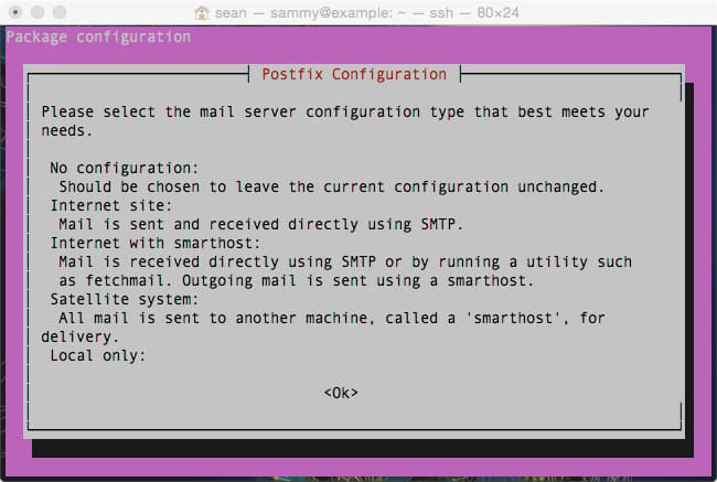 Postfix Configuration (first part): If you have a screen with information but no options to select, go past this screen