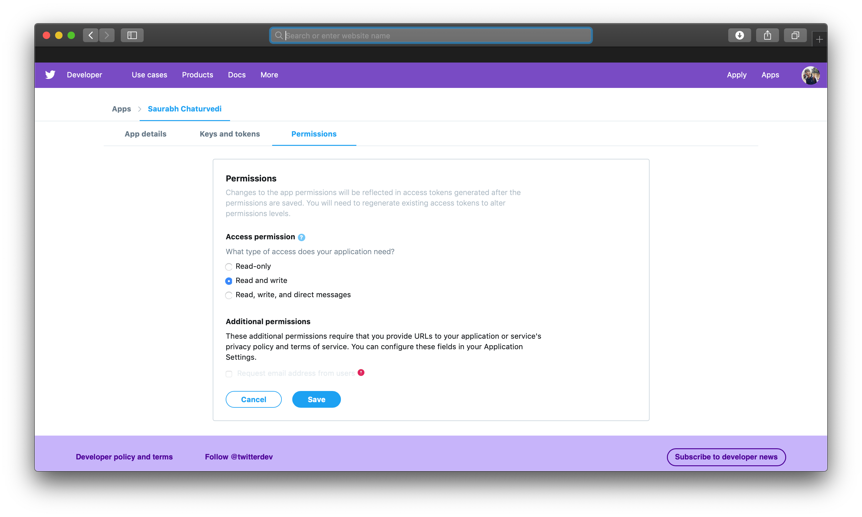 Twitter App Permissions Page