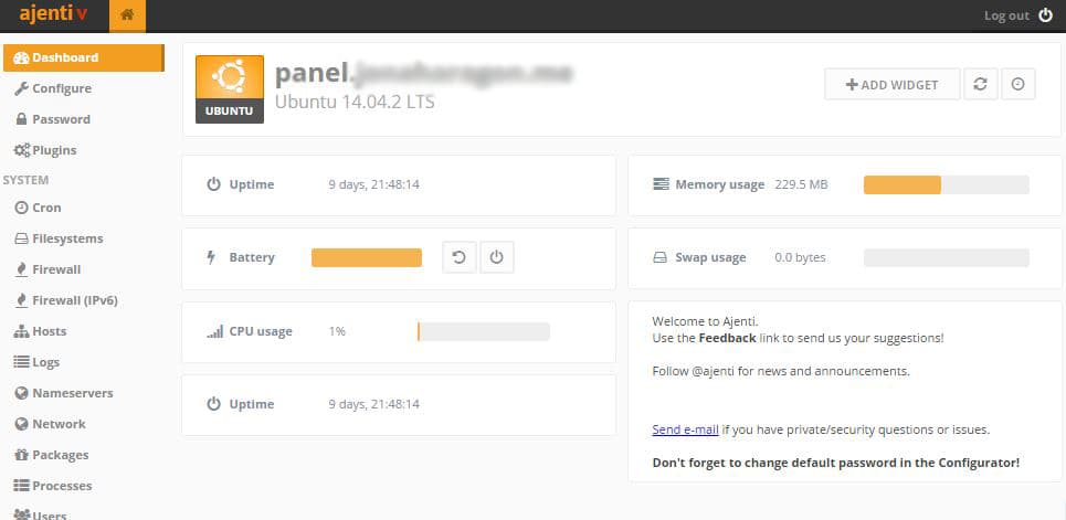 Ajenti Control Panel Homepage