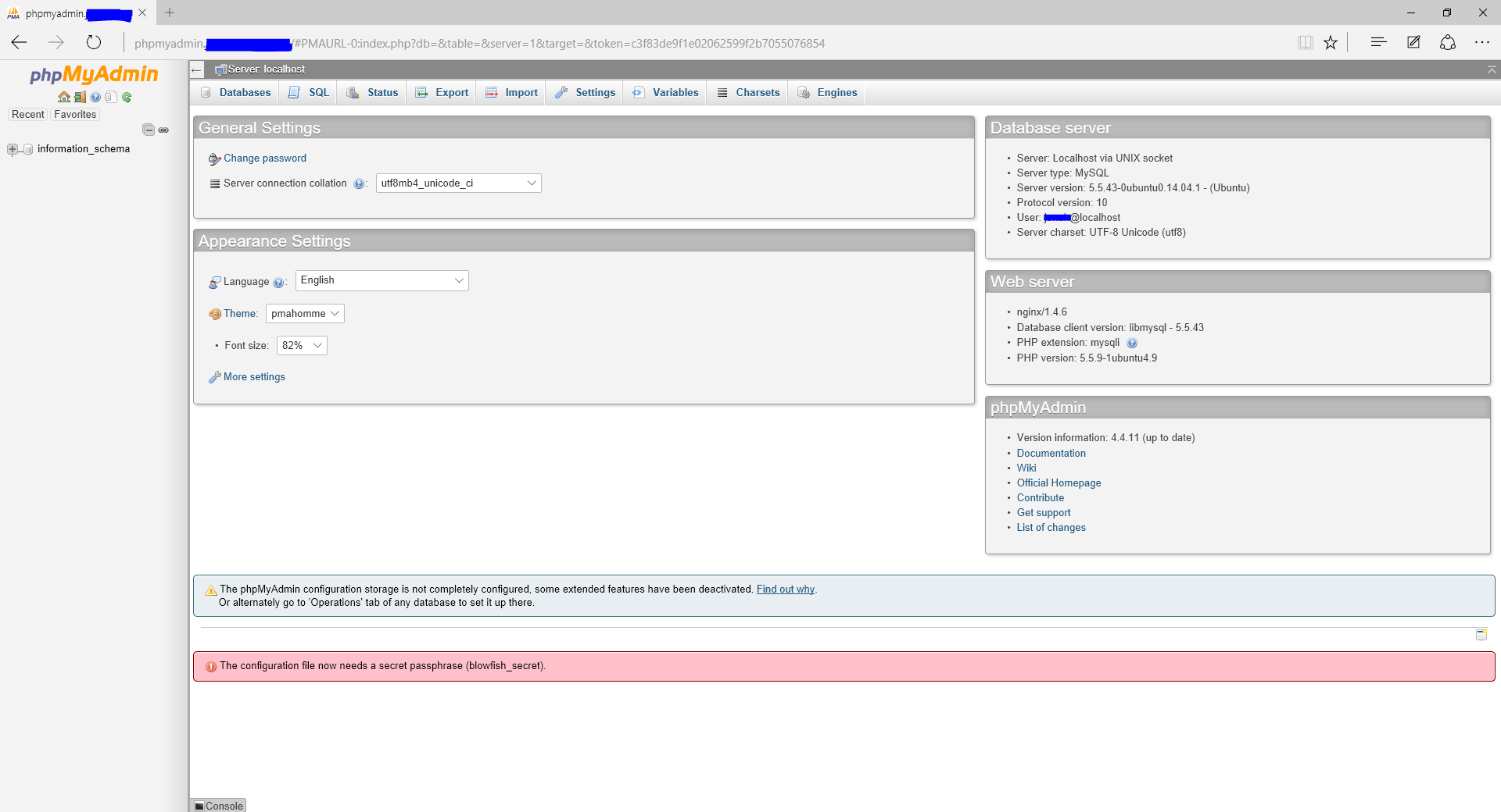 phpMyAdmin main screen