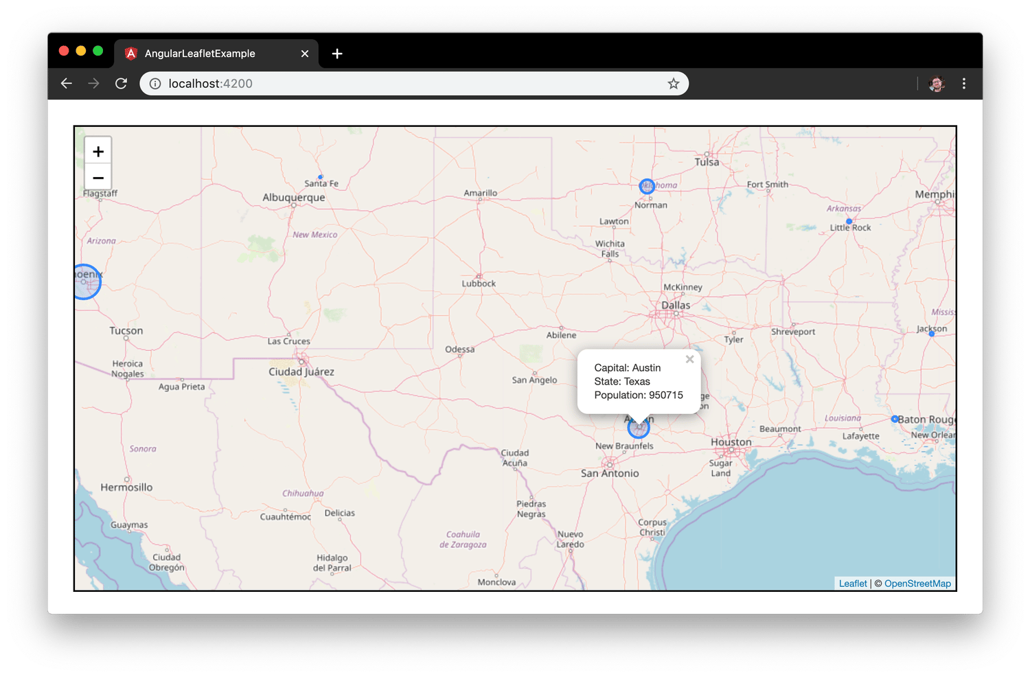 Screenshot of a map with a popup displaying information about Austin, Texas.