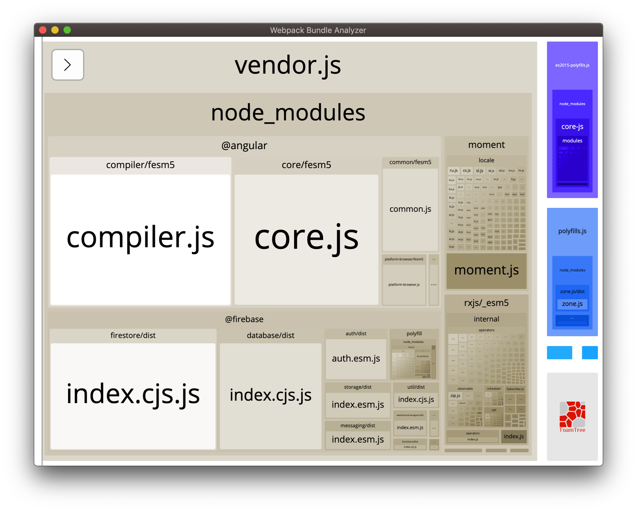 Screenshot of webpack Bundle Analyzer analysis. Various modules are depicted in different-sized boxes. Some modules that are not directly used for Firebase have large boxes.