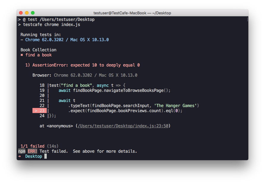 TestCafe highlights the line where the test failed
