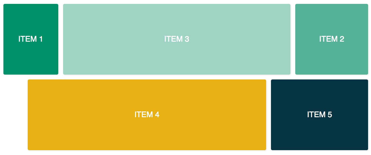 Screenshot of Flex Layout example with five divs of different colors. The items occupy two rows. The first row consists of Item 1, 2, and 3. Item 3 is wider than 1 and 2 and appears as the second item in the row. The second row consists of Items 4 and 5. Item 4 is wider than Item 5 and appears offset on the left.