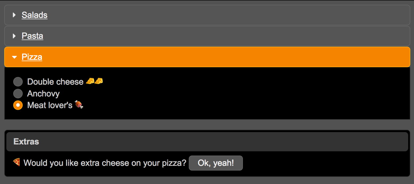 Screenshot of PrimeNG accordions, panels, radio buttons, and buttons.
