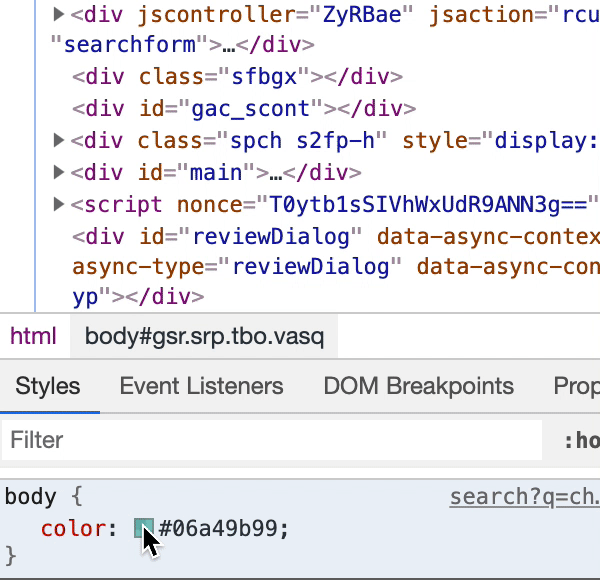 Animated gif of interacting with the Chrome DevTools to adjust CSS colors.
