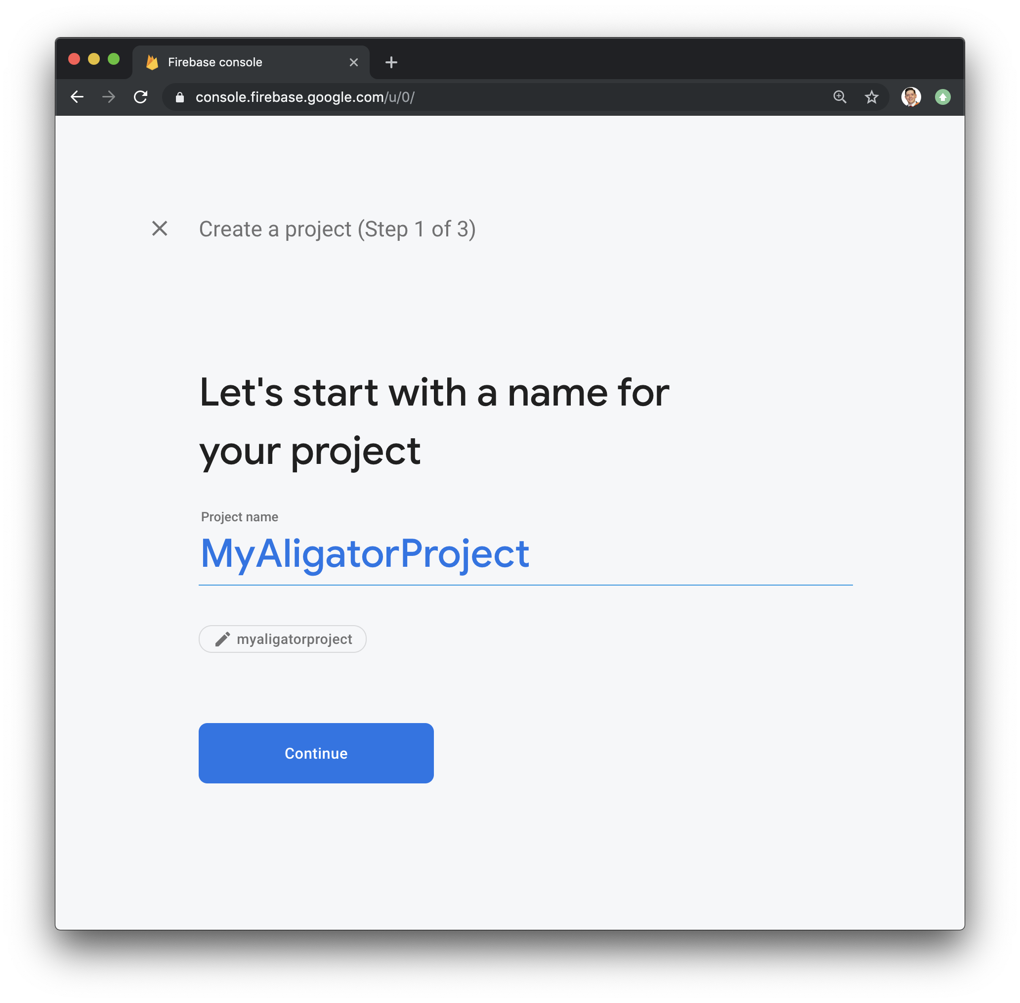 Screenshot of the Firebase page for Step 1 of creating a new project - providing a project name.