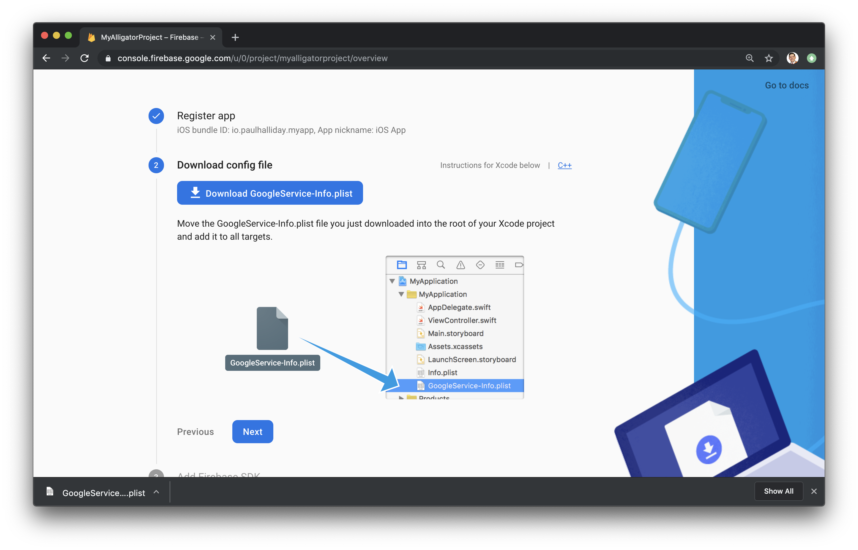 Screenshot of the Firebase page with a Download config file button.