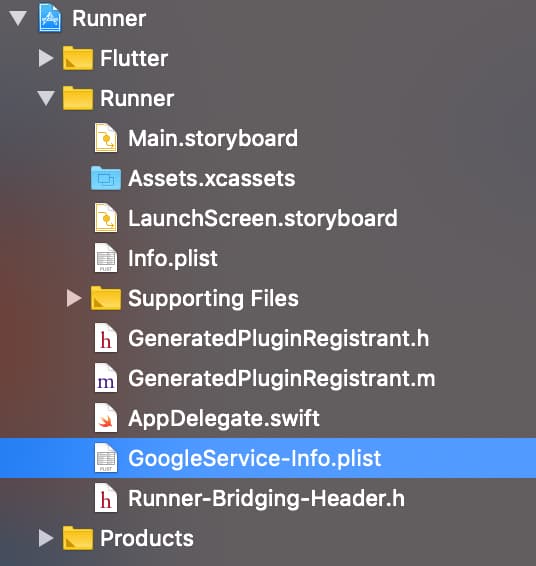 Screenshot of the project in Xcode with the GoogleService-Info.plist file in the Runner directory.