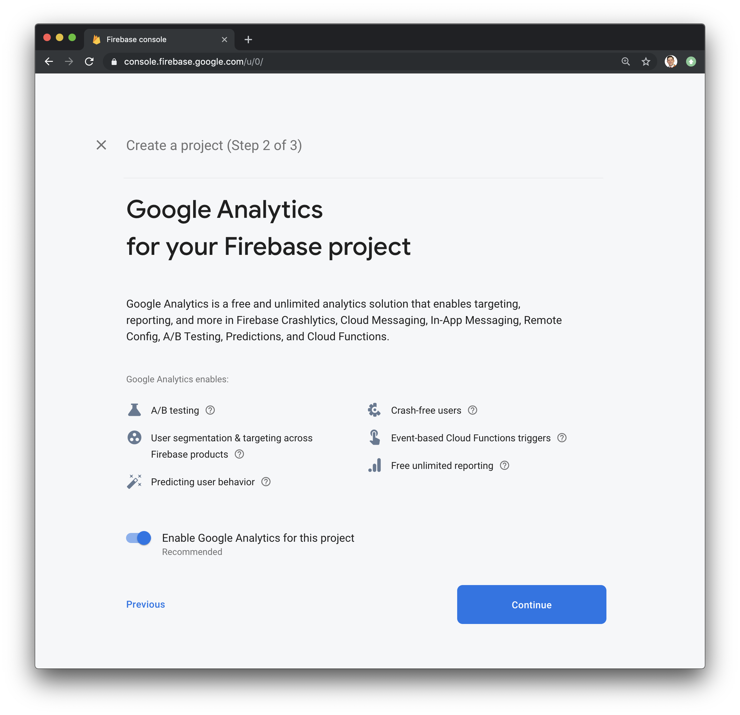 Screenshot of the Firebase page for Step 2 of creating a new project - adding Google Analytics.