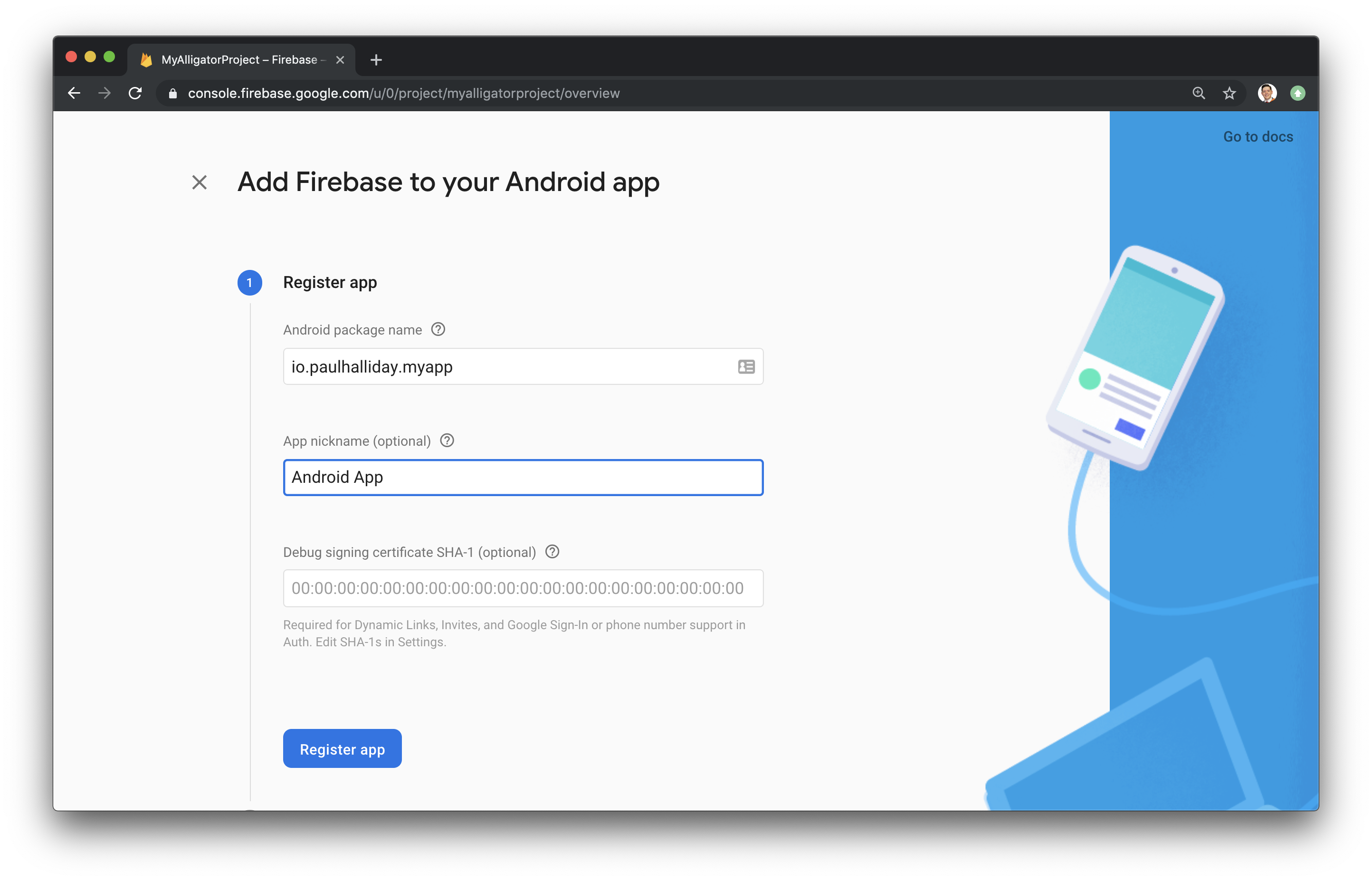 Screenshot of the page for adding Firebase to your Android app. Fields for Android package name and app nickname are filled out.