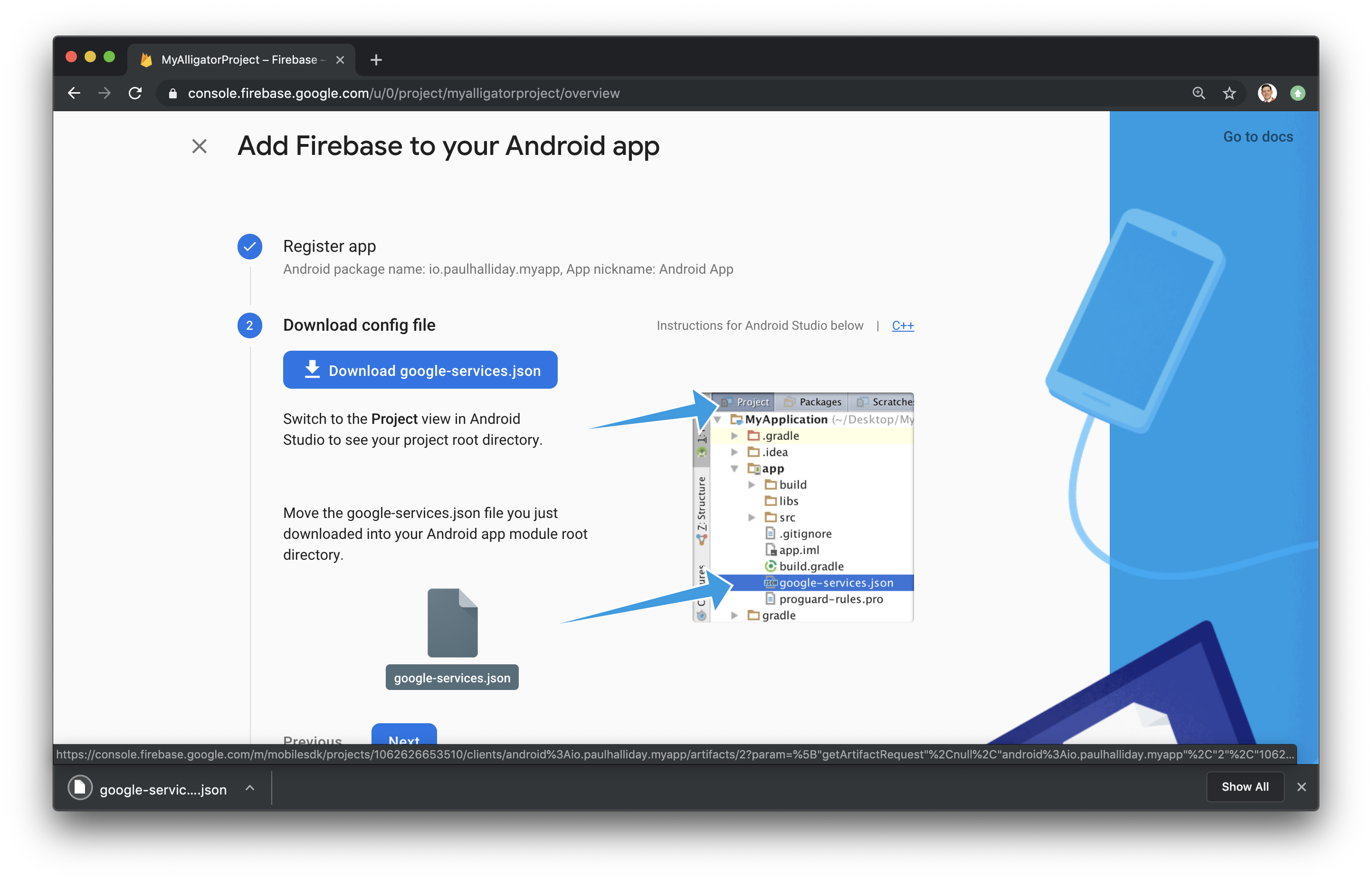 Screenshot of the Firebase page with a Download config file button.