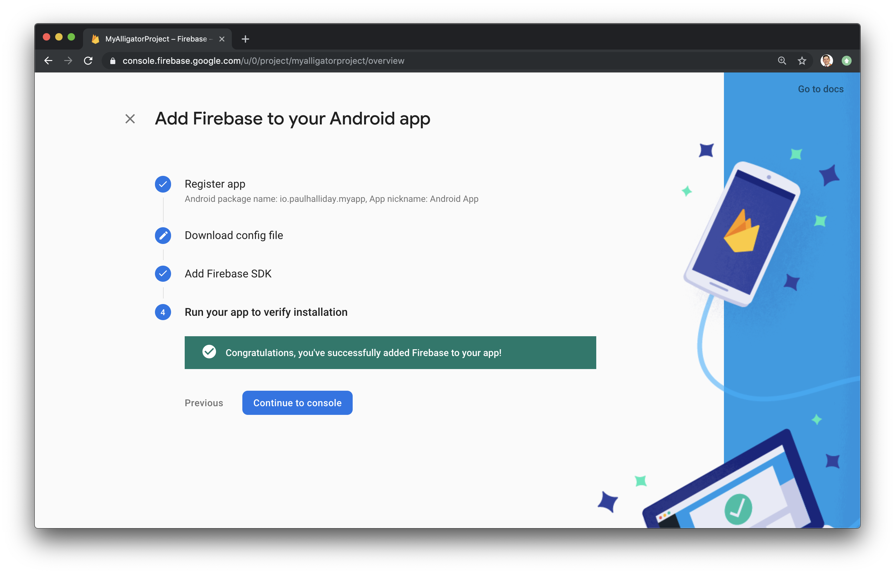 Screenshot of the Firebase page with a congratulation message for successfully adding Firebase to your app.