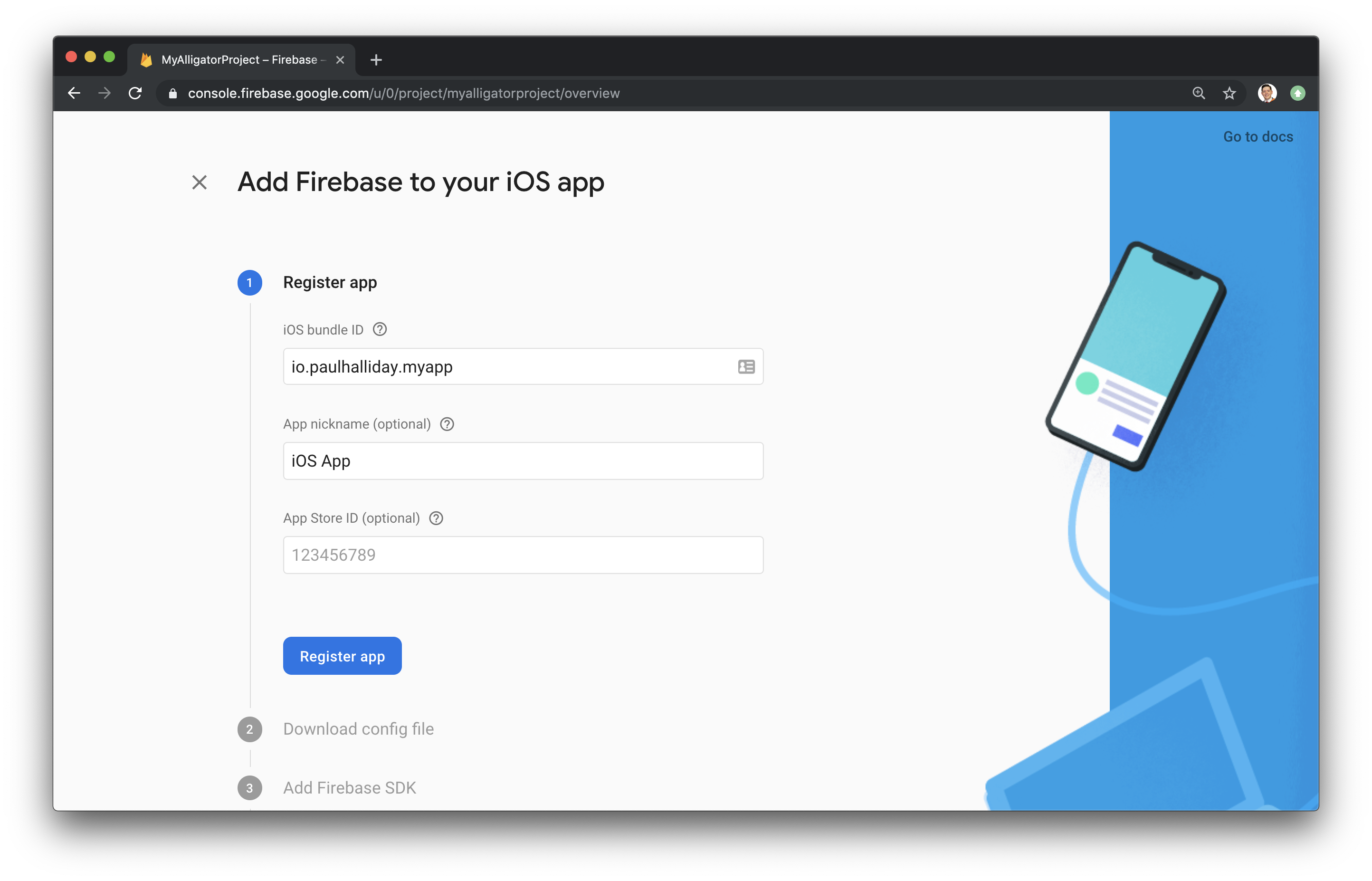 Screenshot of the Firebase page for registering the app and providing an iOS Bundle ID.