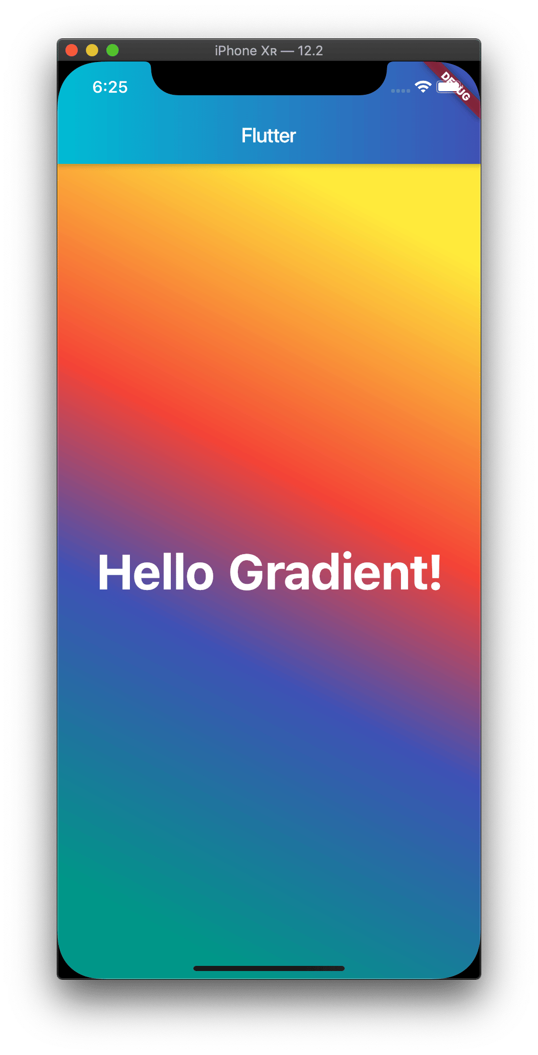 Screenshot of the Flutter app running in an emulator with a linear gradient starting at the top-right of the screen with yellow and gradually transitioning to red, indigo, and finally teal at the bottom-left of the screen.