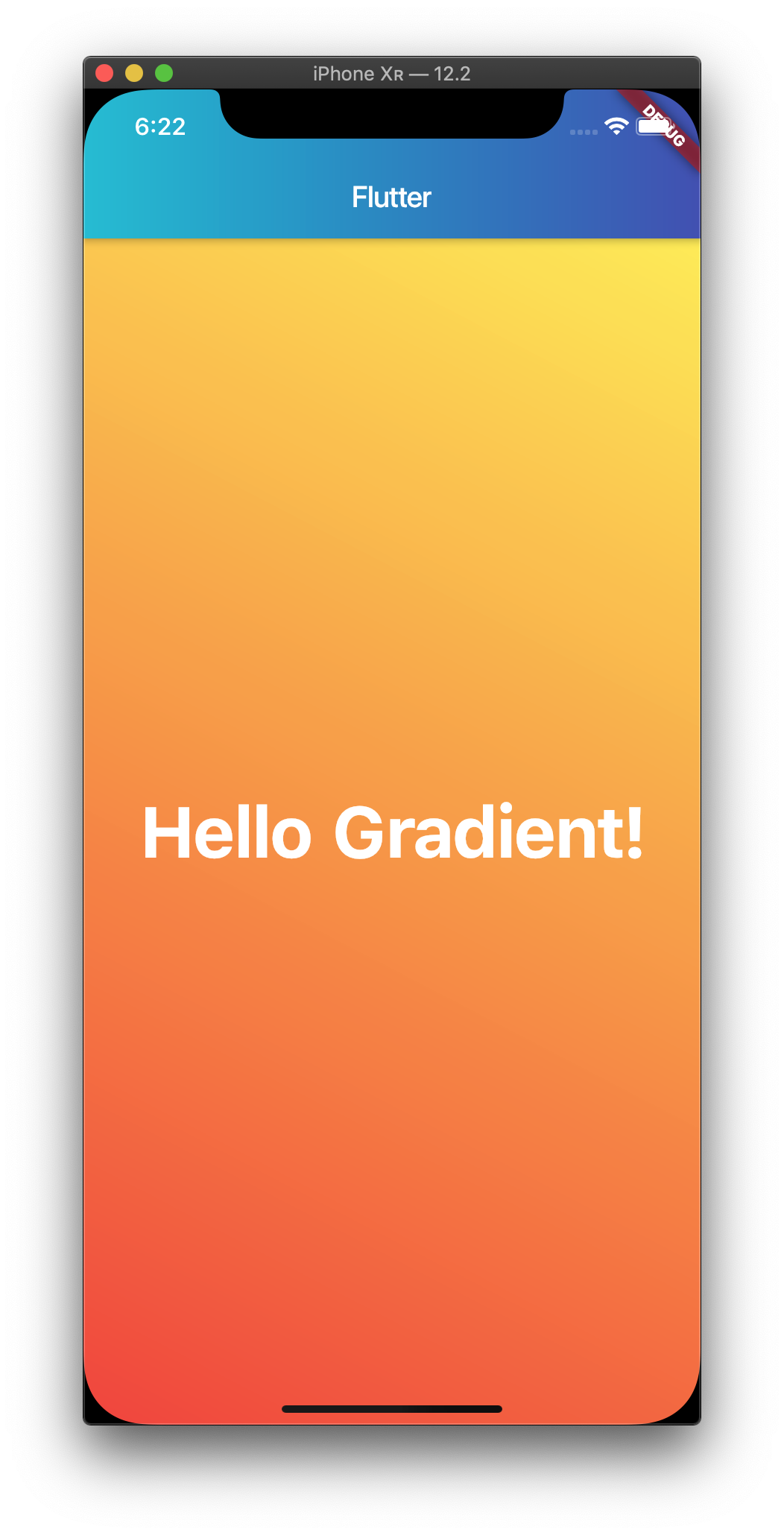 Screenshot of the Flutter app running in an emulator with a linear gradient starting at the left of the screen with cyan and gradually transitioning to indigo at the right of the screen.