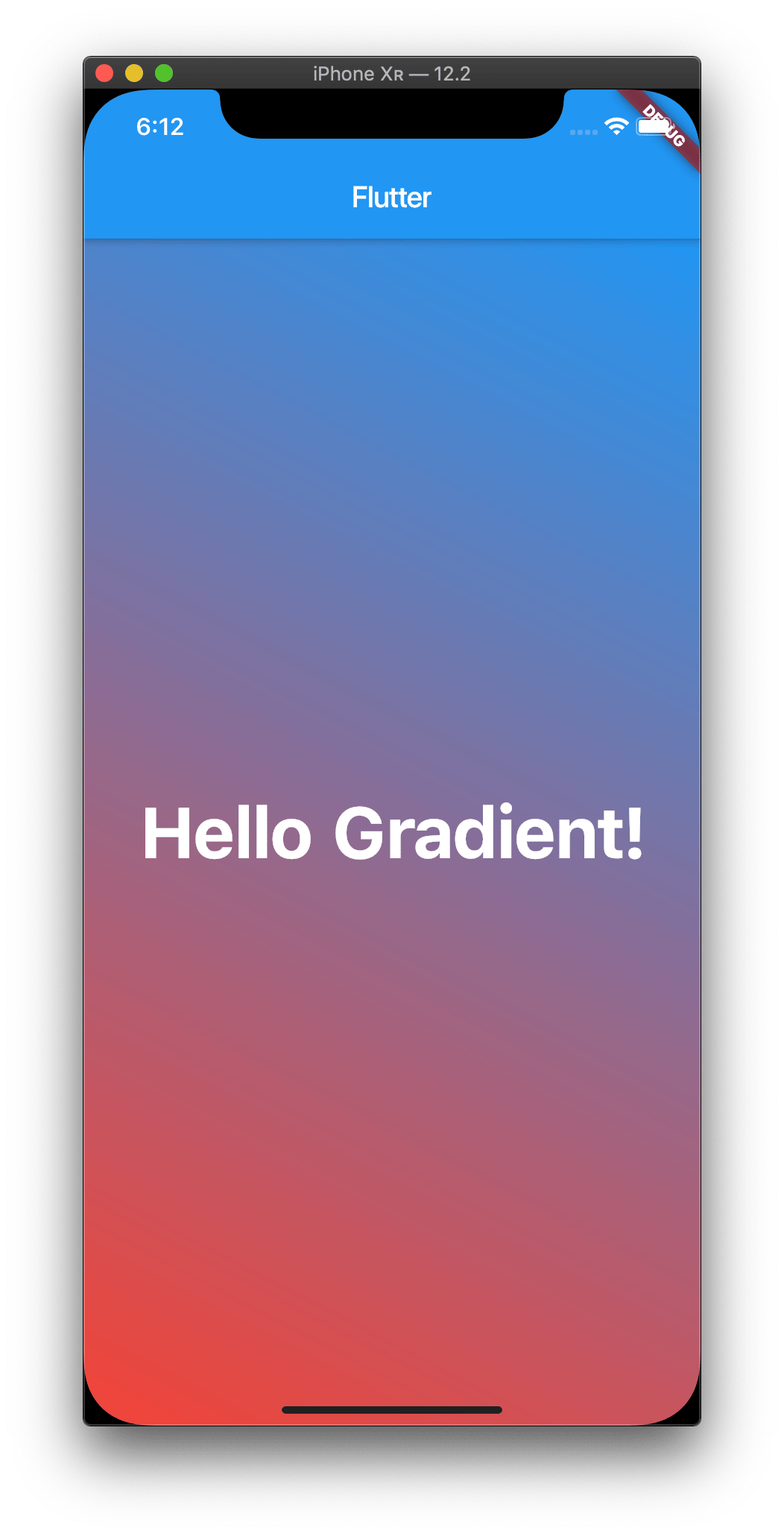 Screenshot of the Flutter app running in an emulator with a linear gradient starting at the top of the screen with blue and gradually transitioning to red at the bottom of the screen.