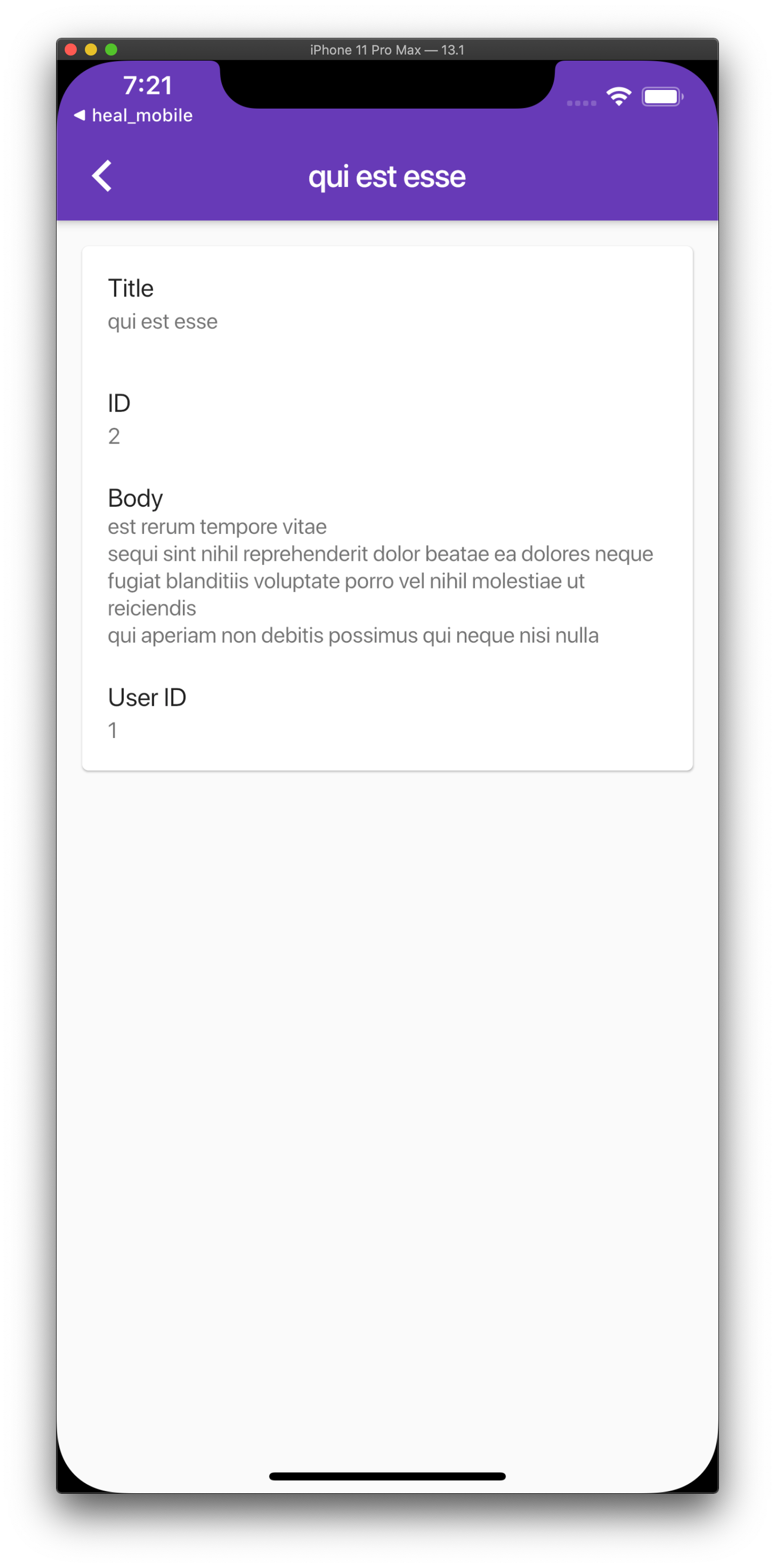 Screenshot of the current state of the application displaying the detail of an individual post returned by JSON Placeholder