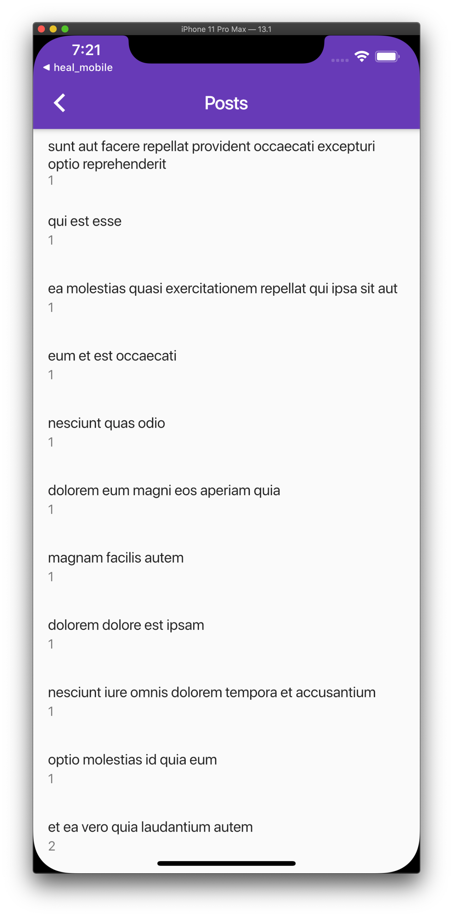 Screenshot of the current state of the application displaying a list of post titles and user ids returned by JSON Placeholder