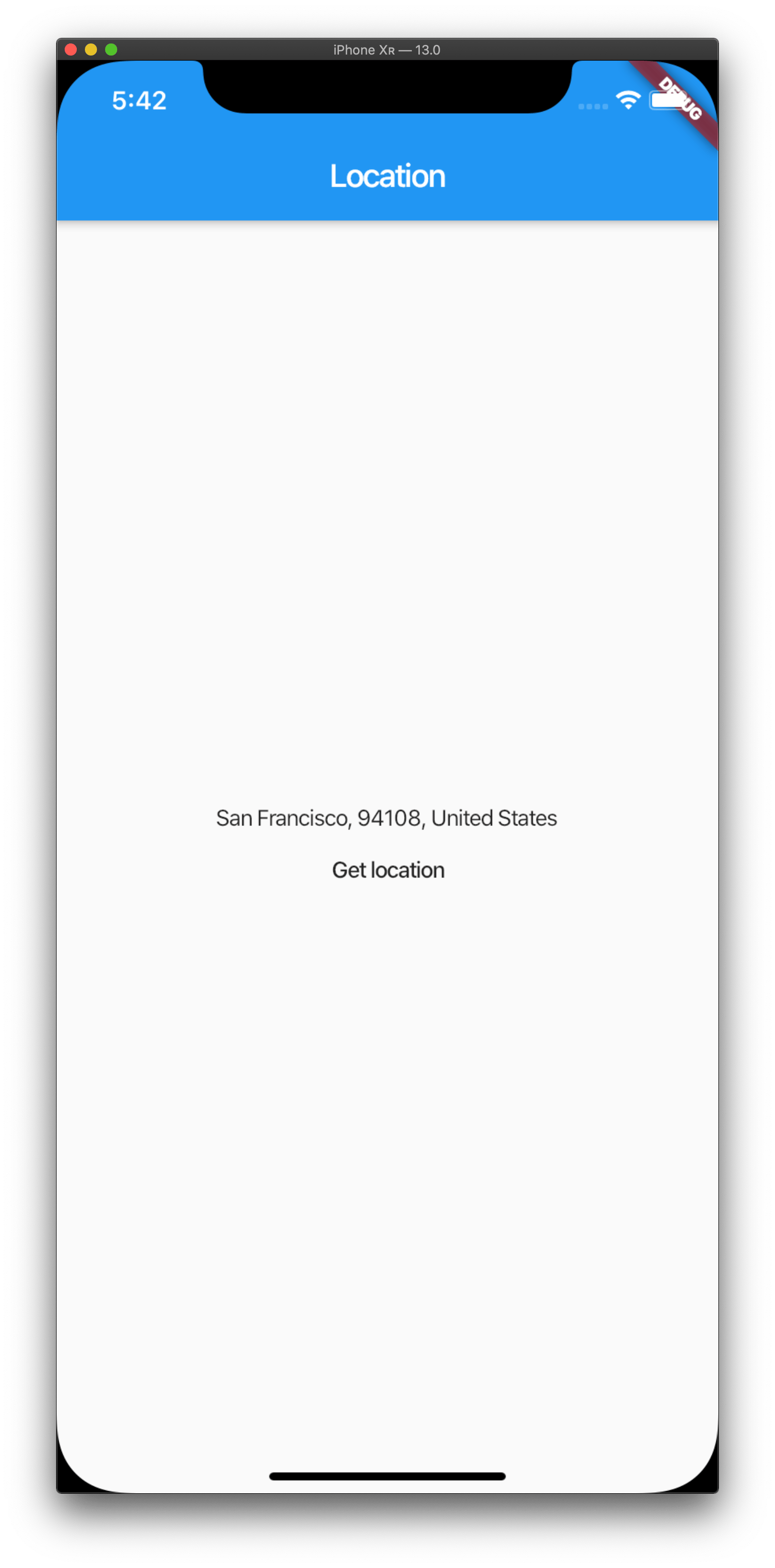 Screenshot of the application running in an emulator with an address of San Francisco, 94108, United States displayed.