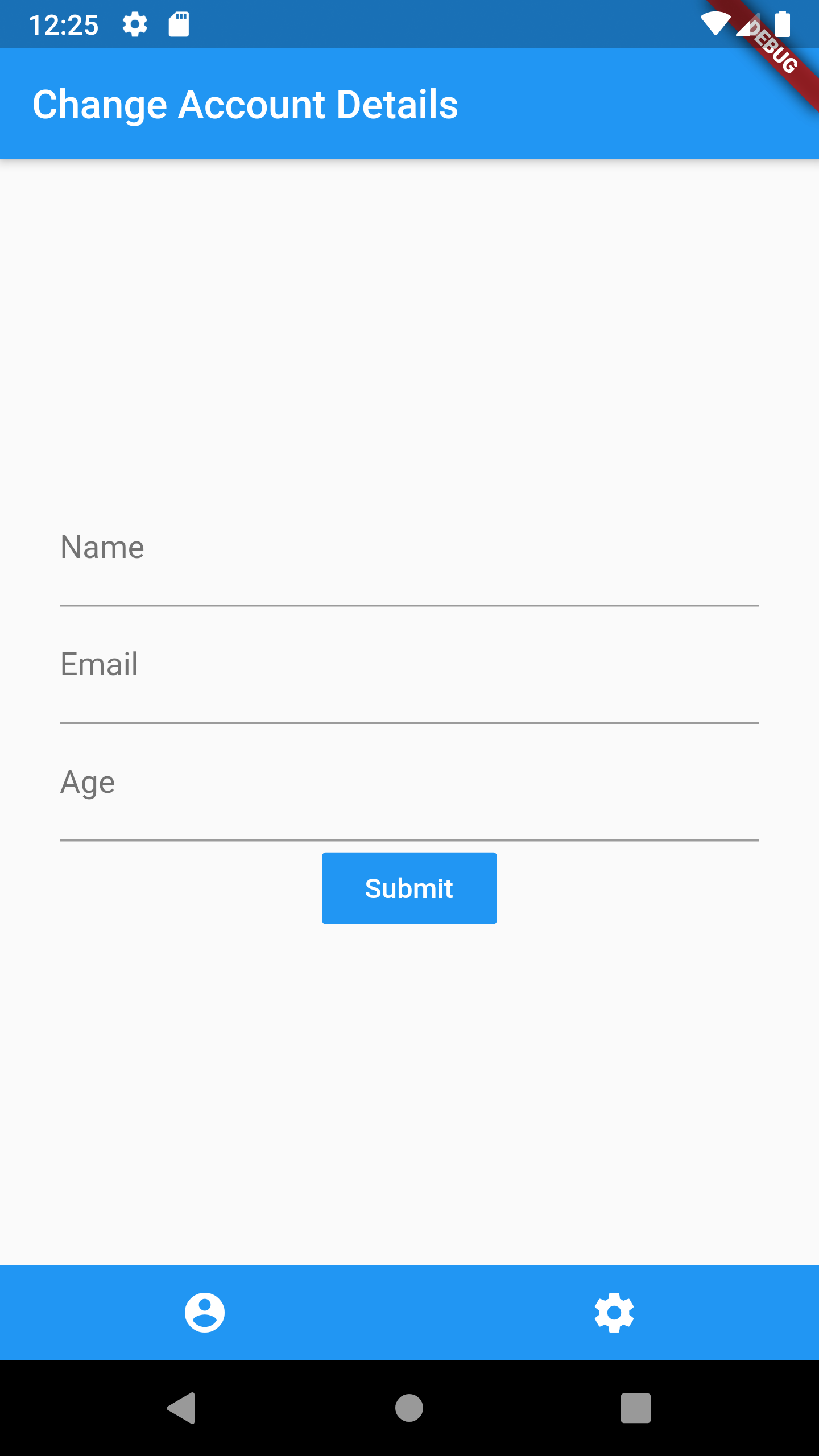 Screenshot of the application running on a mobile device. It displays the Change Account Details Page with fields for name, email, and age.