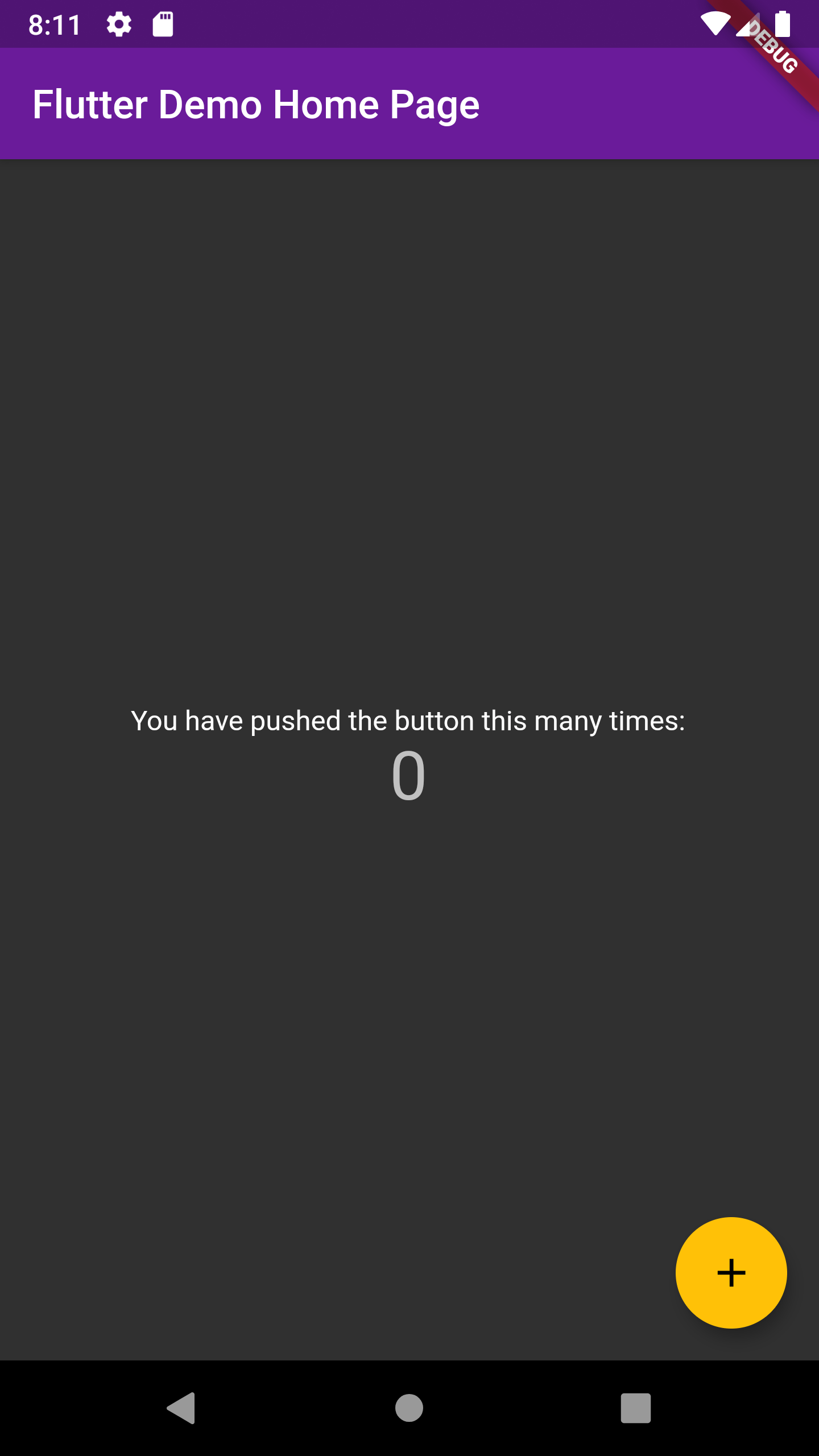 Screenshot of the Fluter Demo Home Page application set to the dark theme and modified with a purple AppBar and amber button.