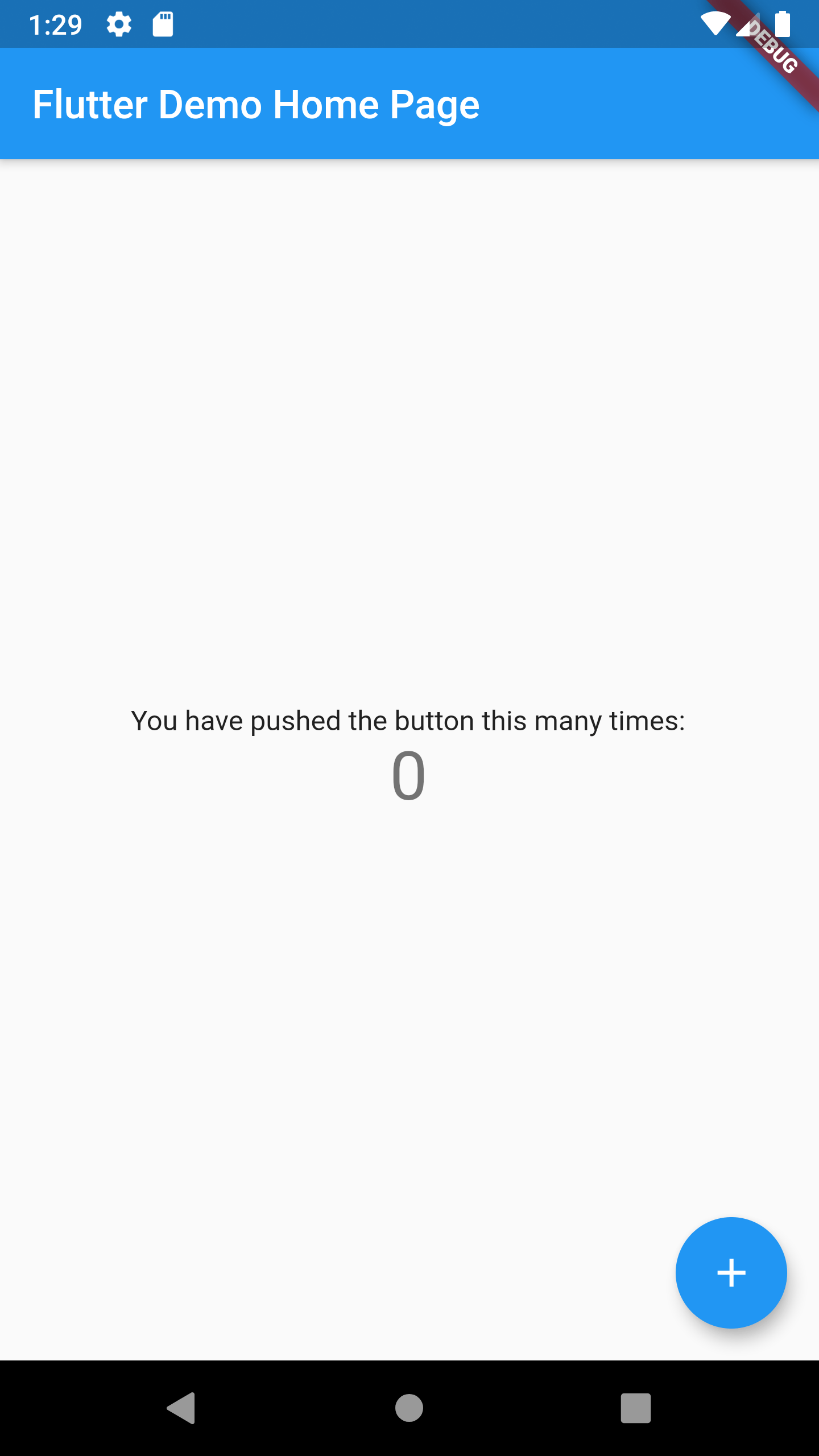 Screenshot of the Fluter Demo Home Page application with a button and a message of how many times the button has been pushed.