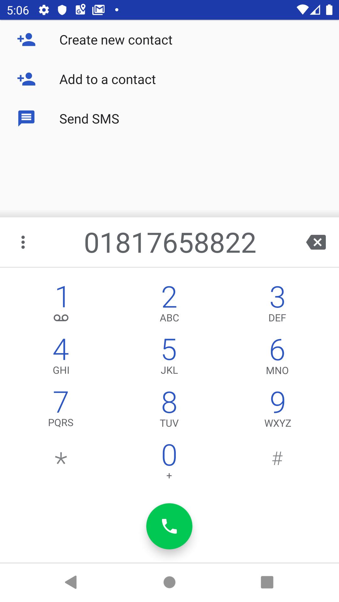 Screenshot of the url_launcher launching a phone number with prompts for contact and SMS.