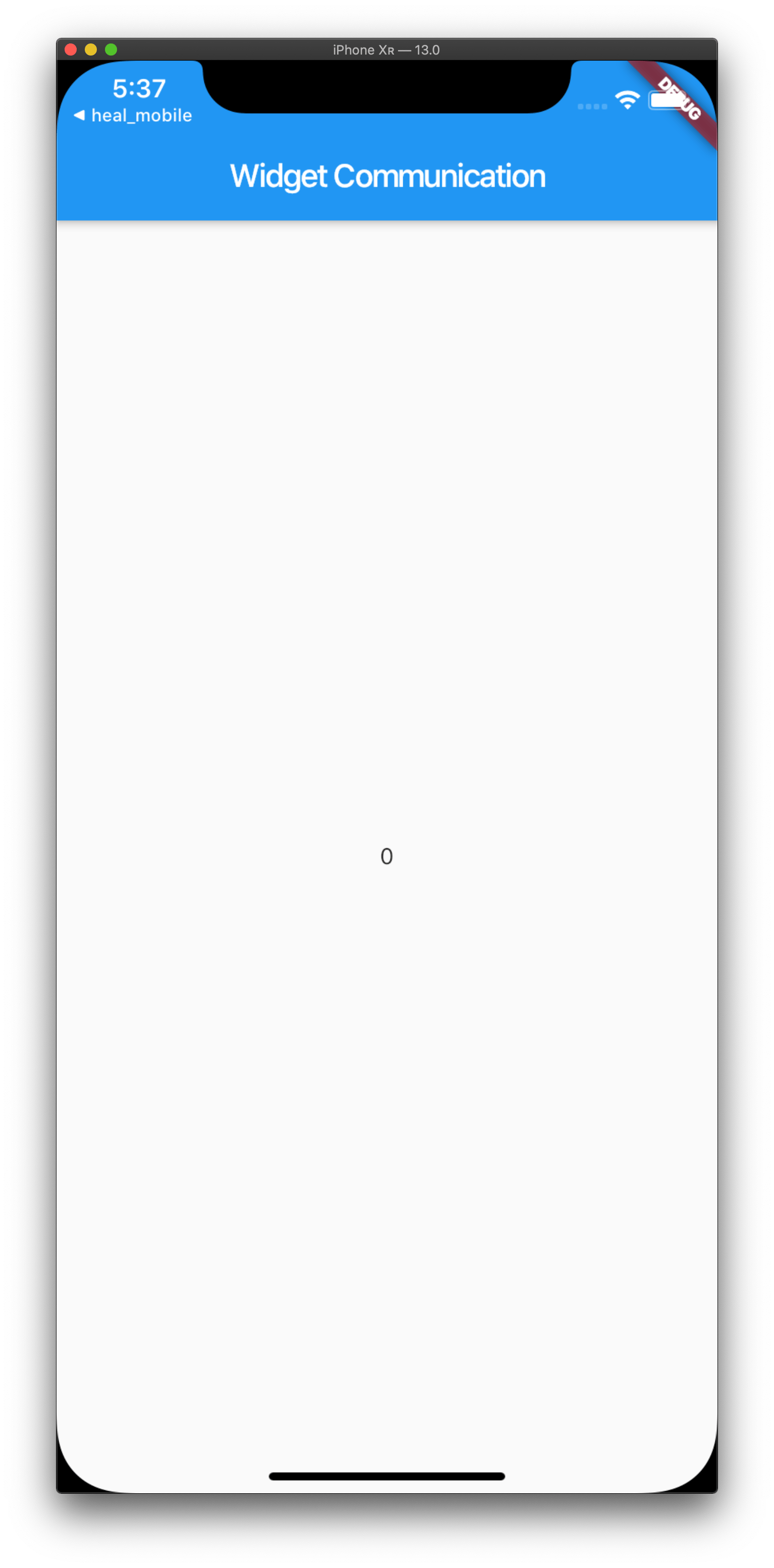 Screenshot of the Flutter application displaying a count of zero