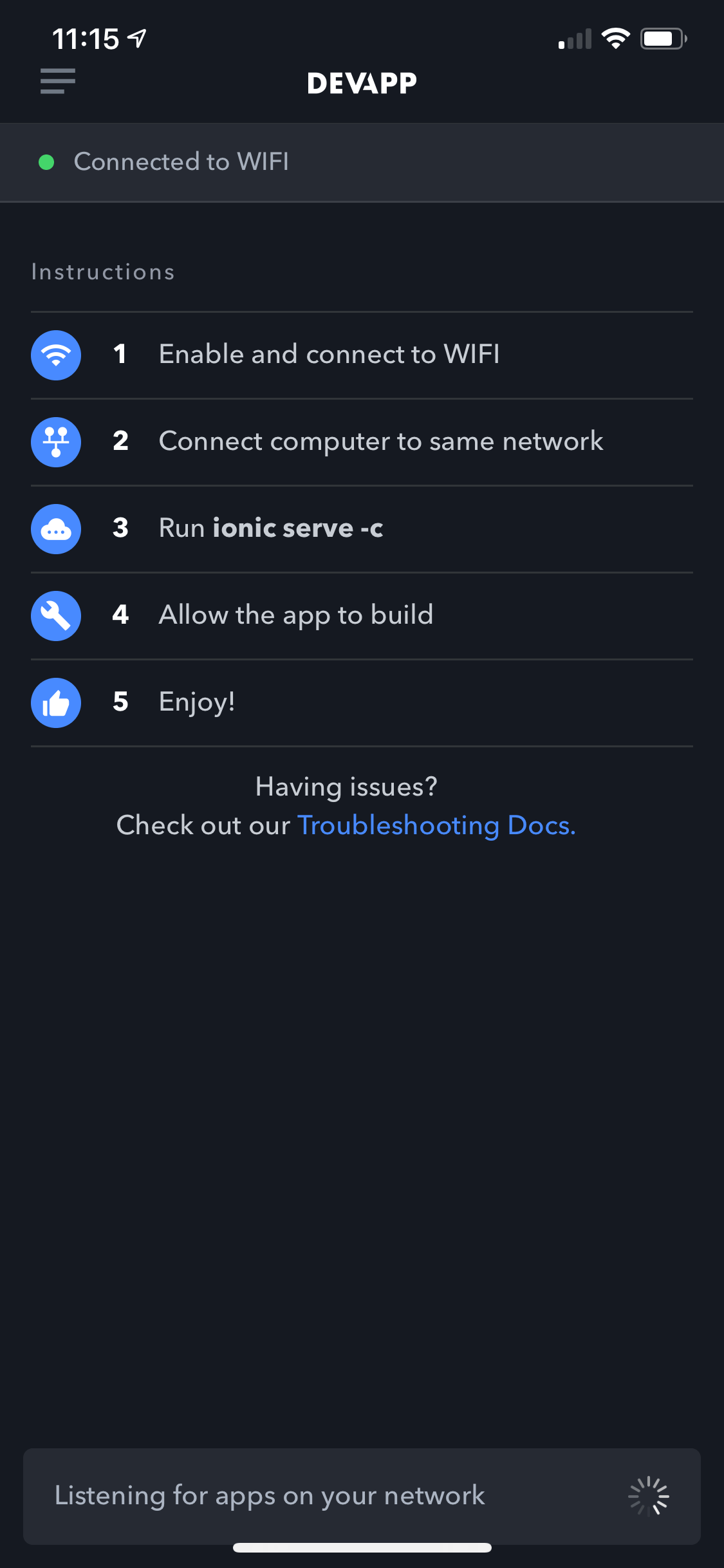 Ionic DevApp application list