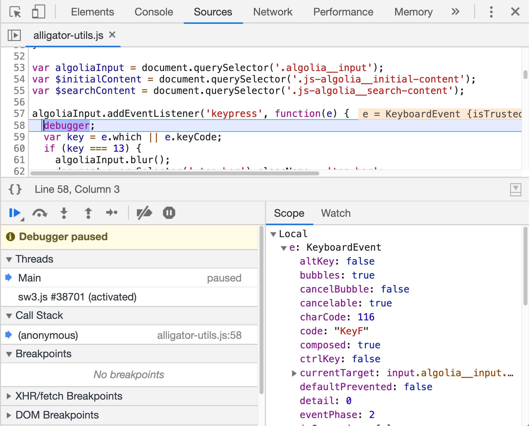 The debugger statement in action in Chrome DevTools