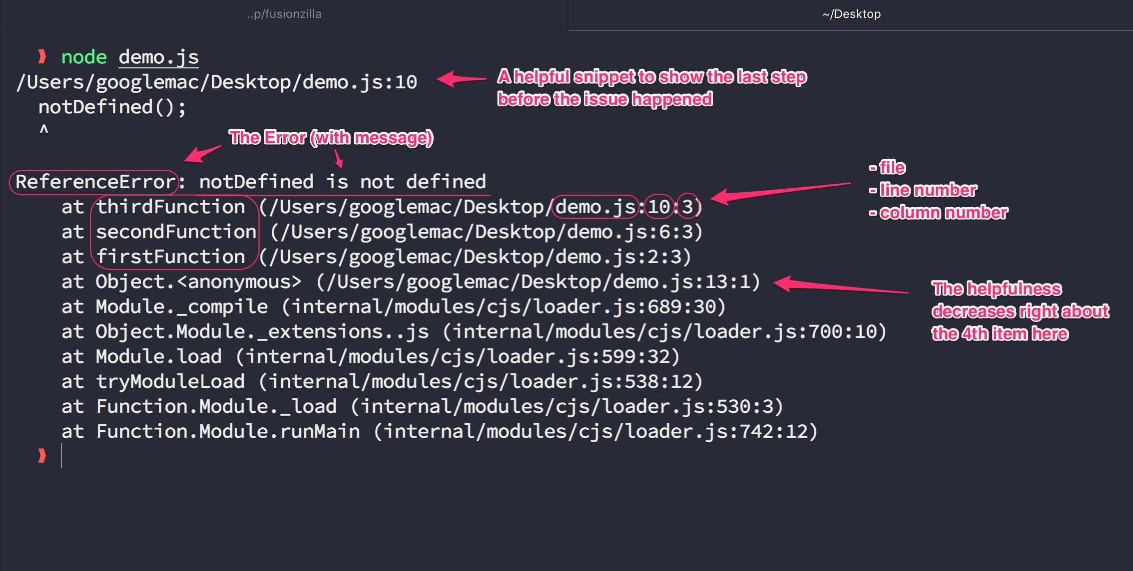 Comprehensive example of stack trace