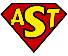 Logo declaring AST in a design that resembles a comic book superhero.