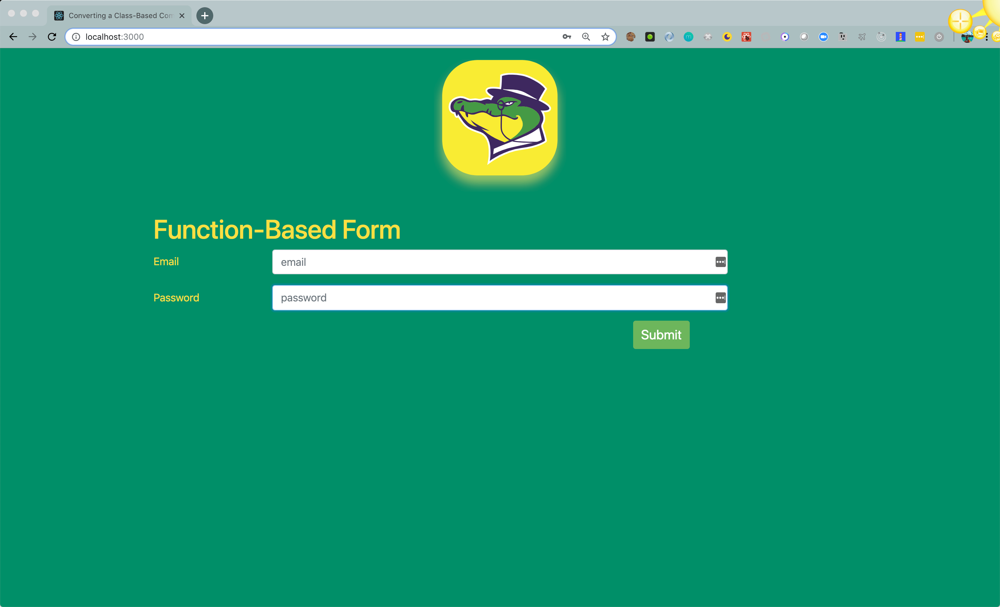 Screenshot of the application running in the browser with the functional component.