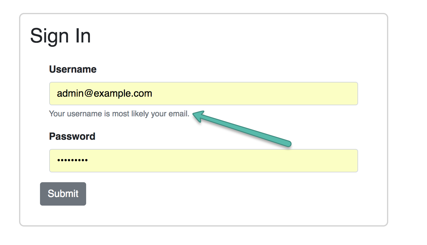 Screenshot of the sign-in form. An arrow is pointed at the FormText message under the Username field.