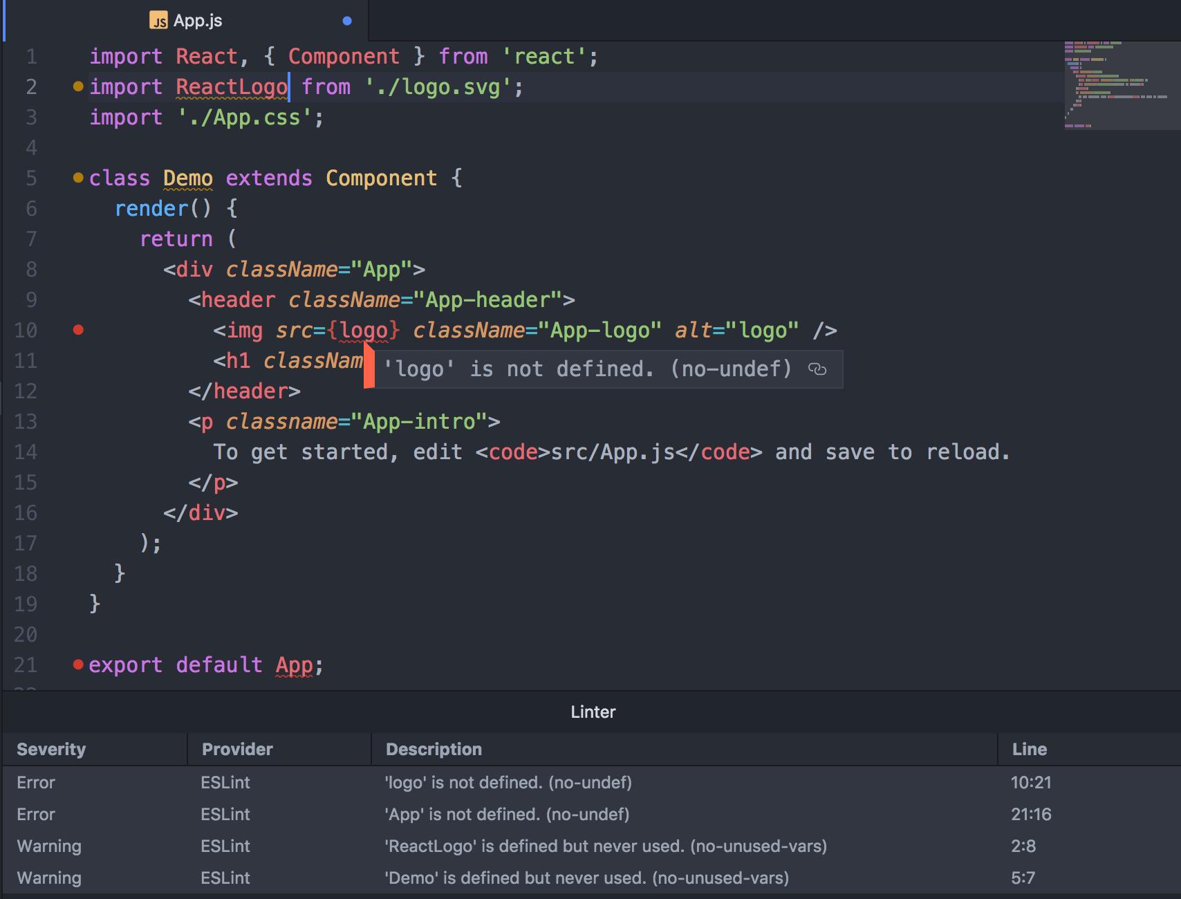 Screenshot of an error tooltip stating: logo is not defined (no-undef).