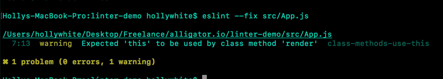 Screenshot of previous code example with ESLint rules indicating errors in the console.